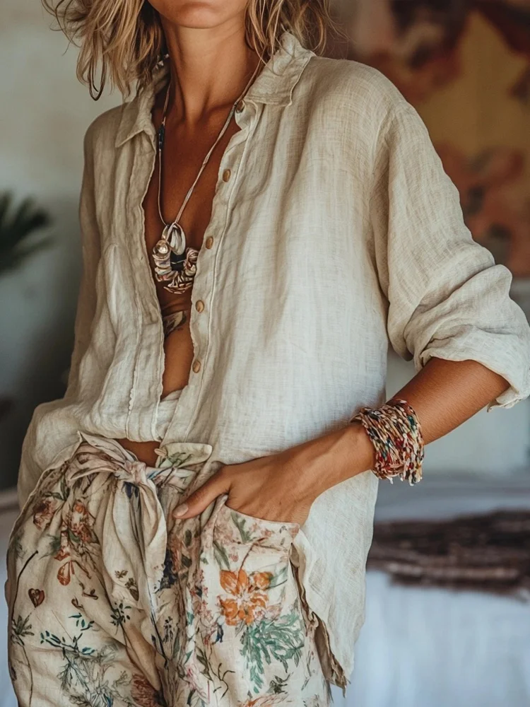 Vintage Solid Color Linen Blend Cozy Blouse