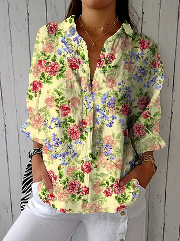 Women's Vintage Floral Art Print Casual Cotton Linen V-neck Shirt