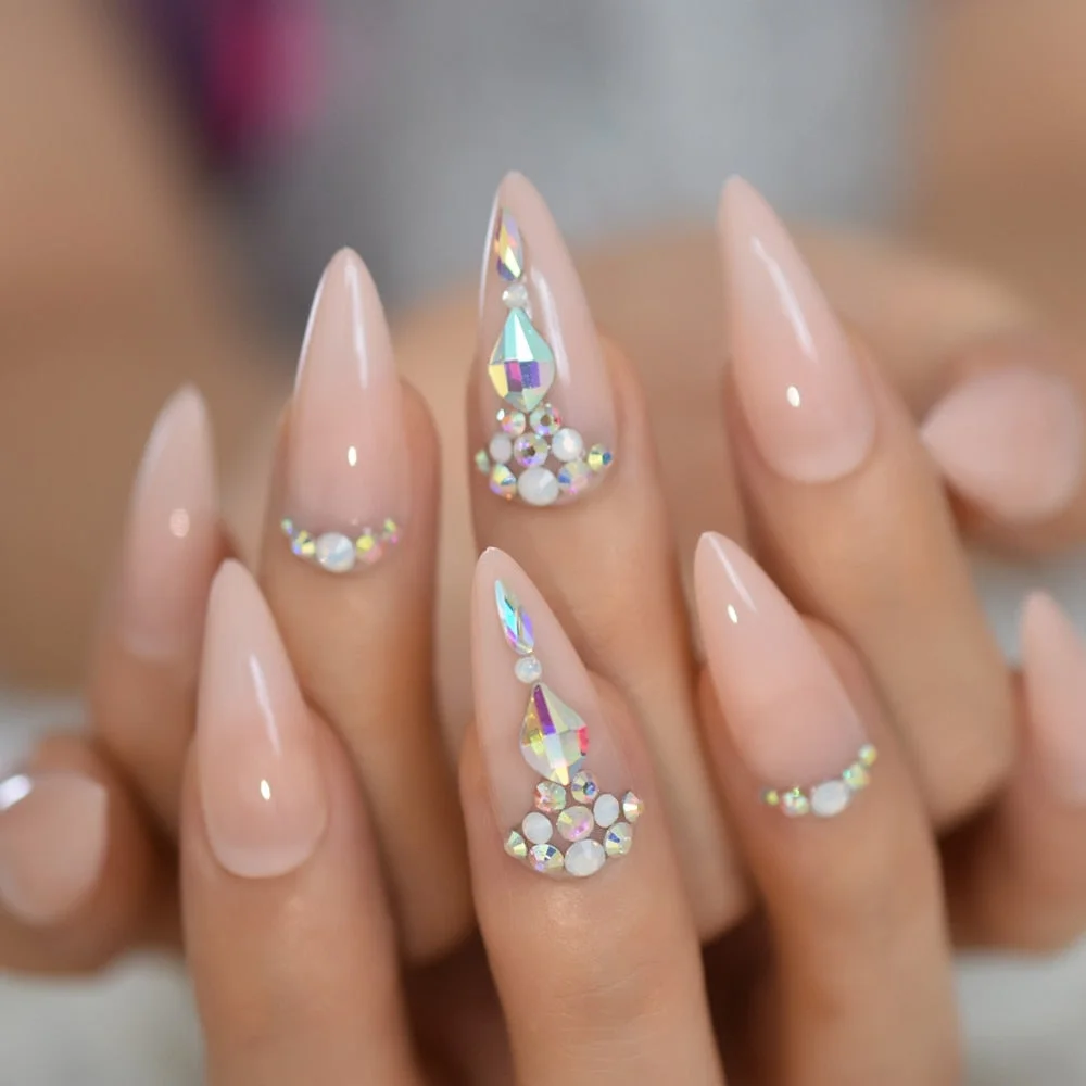 Natual Nude False Nails ABS Pointed Strass Long Stiletto Acrylic Artificial Nail Tips Rhinestone Designed Manicure Tip 24