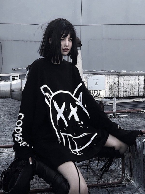 Dark Goth Oversized Long Sleeve Round Neck Emo Black Hoodie + Skull