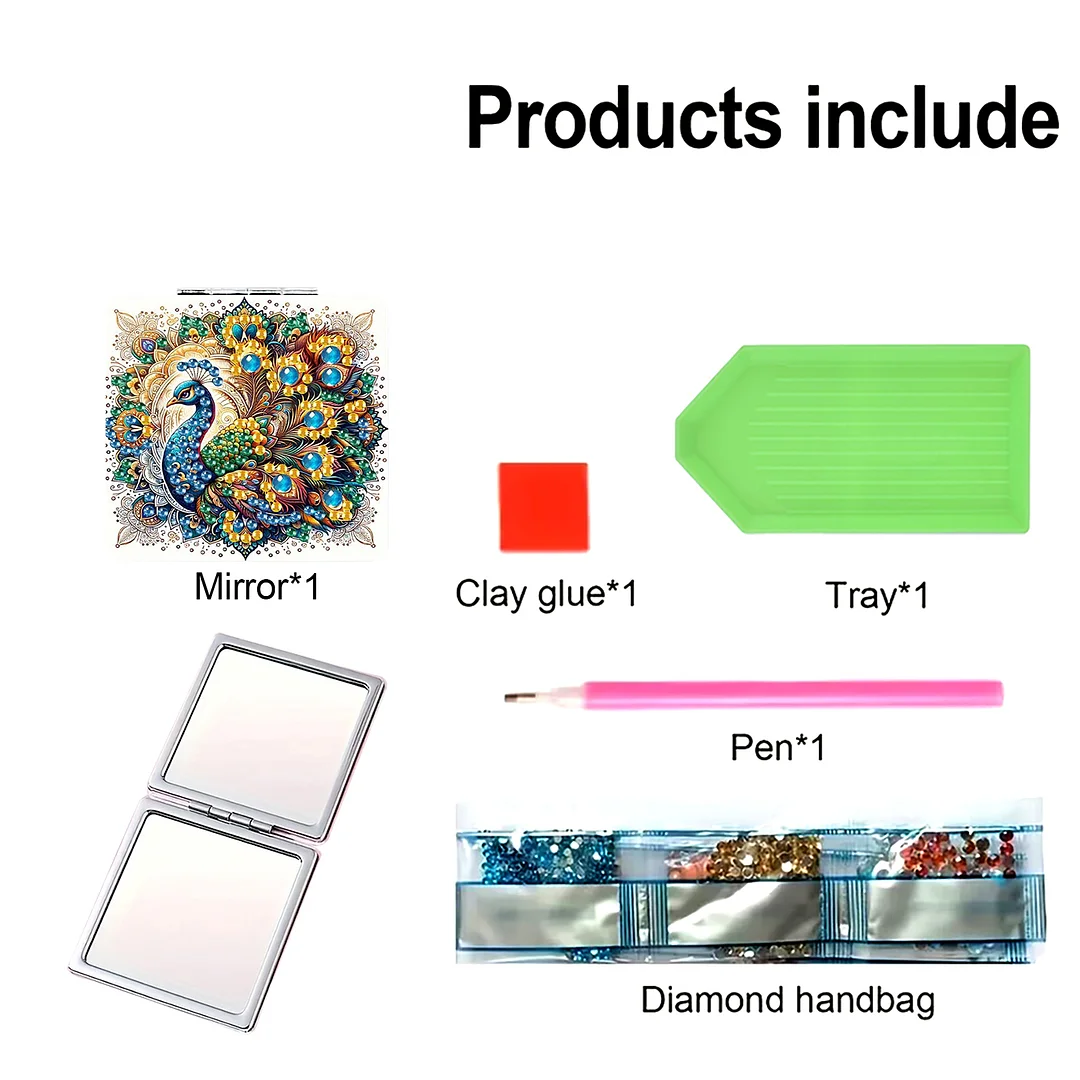 Yellow Peacock DIY Special Shaped Diamond Painting Compact Mirror Kits Diamond Art Painting Pocket Mirror for Adults and Beginners