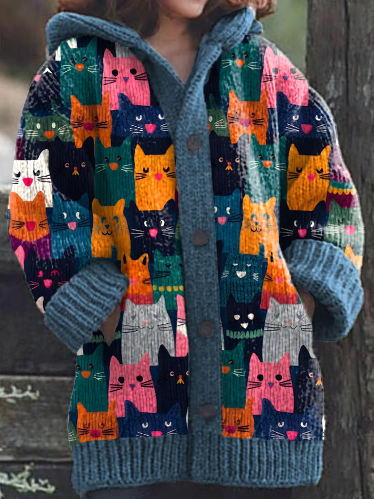 Cats Pattern Cozy Knit Hooded Cardigan