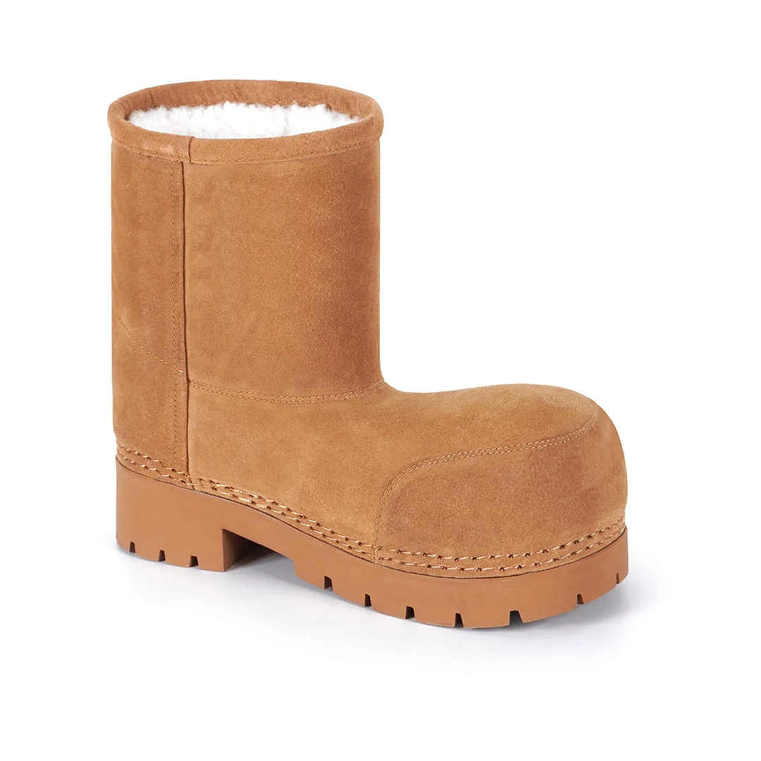 Faux Suede Platform Fuzzy Snow Boots Round Toe Hippy Winter Boots Slip On Knee High Chunky Heel Fur Ankle Boots-MERUMOTE