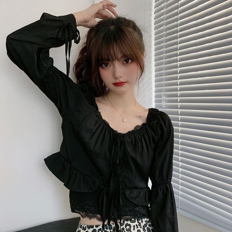 Crop Top Women Ruffle Top Shirt Puff sleeve Lace up blouse Solid color White Black Sexy Cardigan High waist