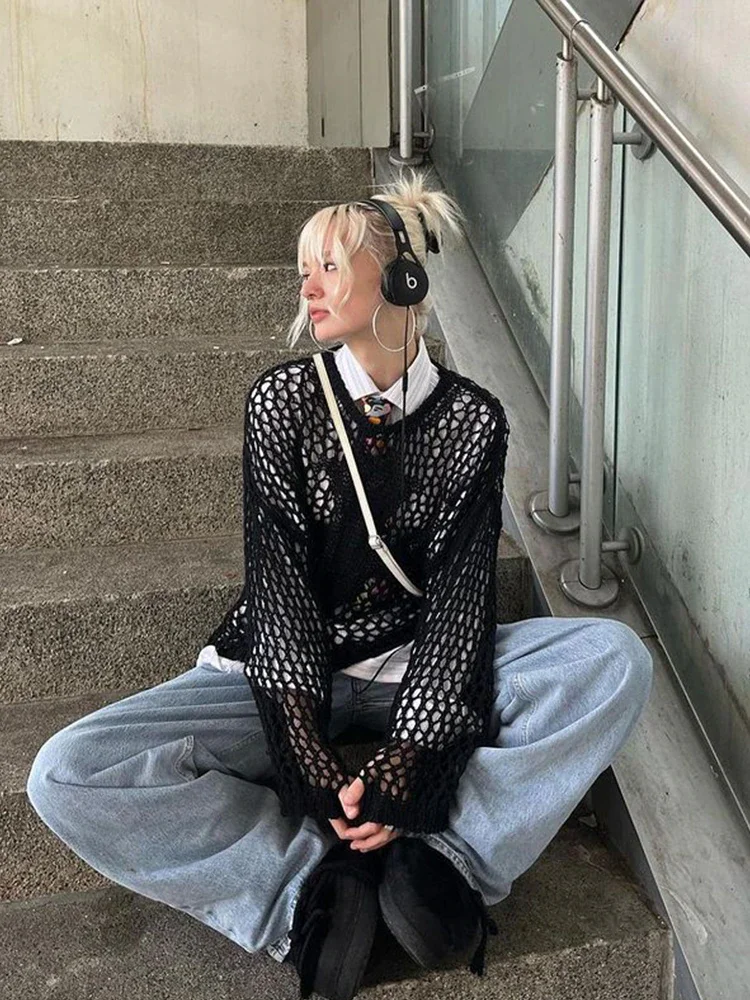 Uveng 2022 Summer Autumn Star Kintted Smock Tops Women Y2K Long Sleeve See Through Loose Pullovers T Shirts Vintage Streetwear