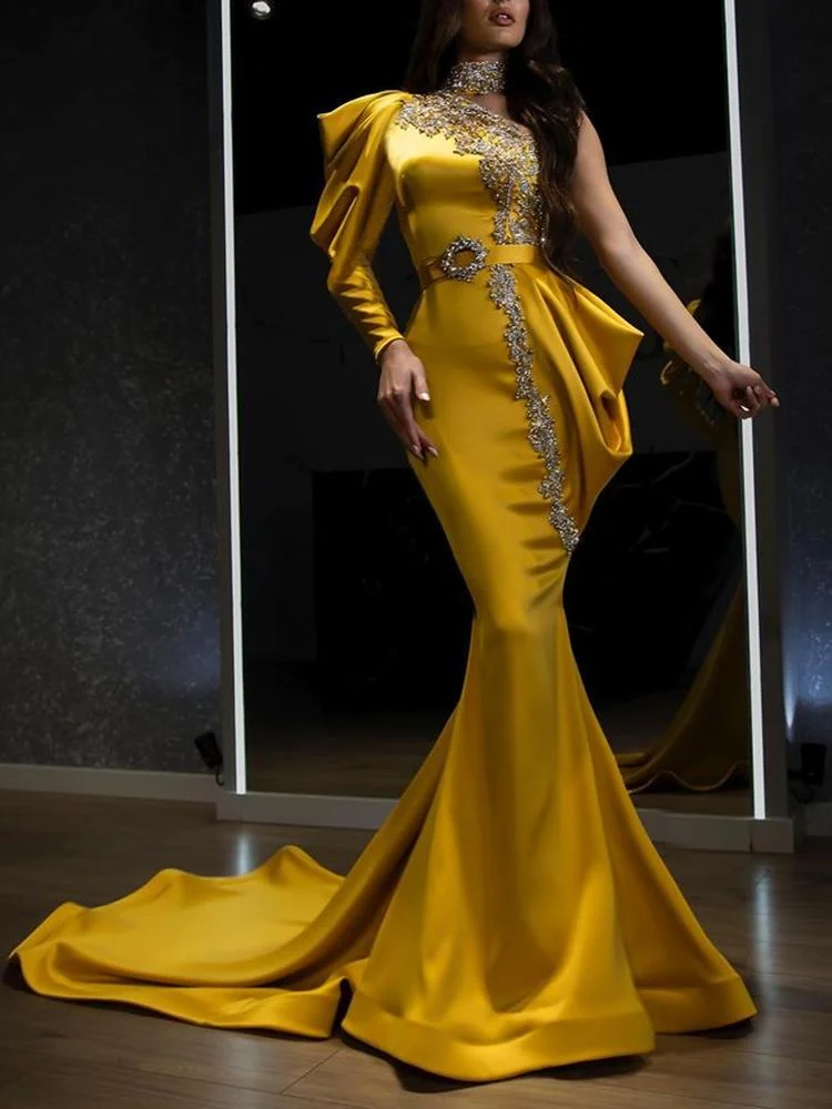Zachics Gorgeous one shoulder beaded mermaid yellow maxi gown vintage evening dress-zachics