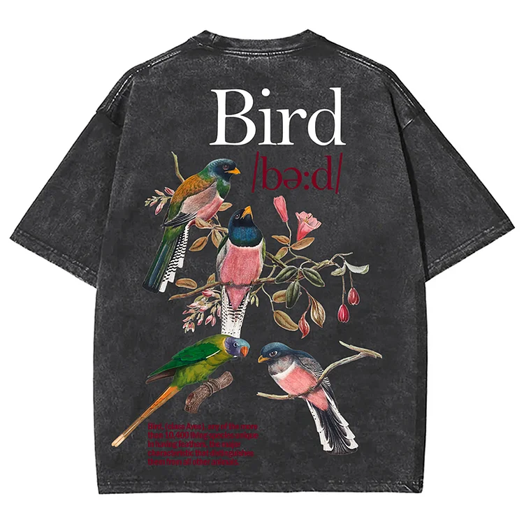 Men's Vintage Short Sleeve Bird Print Acid Washed T-Shirt