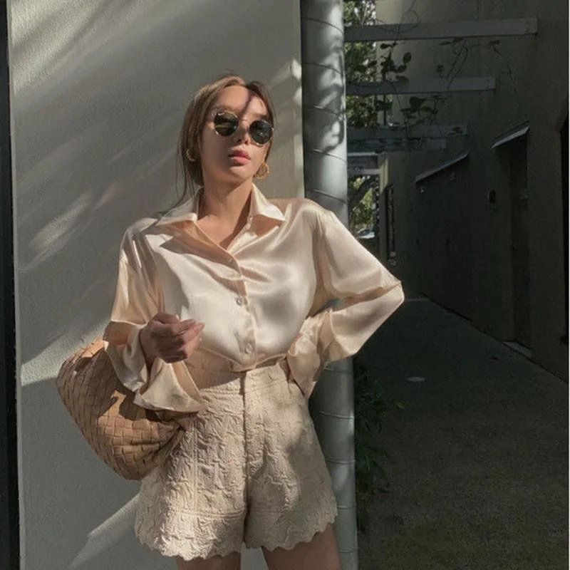 2021 New Spring Summer Casual Blouse Women Fashion Long Sleeve Tops Vintage Femme V Neck Shirts Elegant Sexy Silk Blouse Lu1879