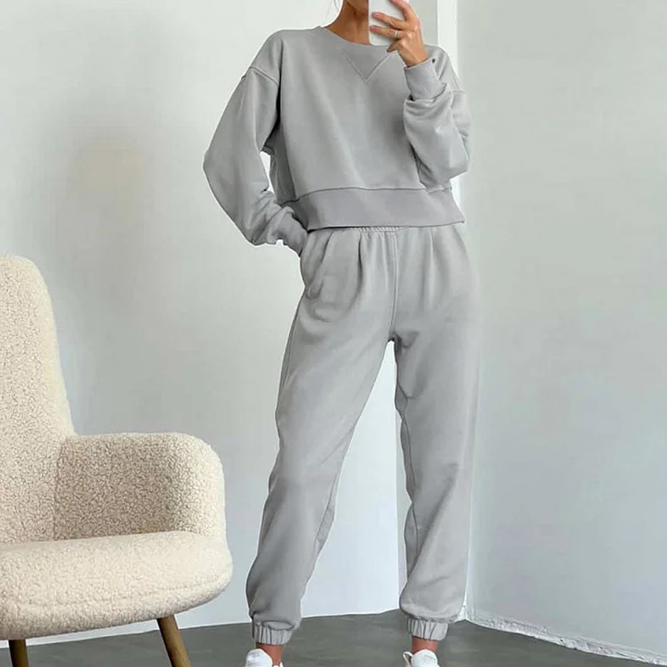 PASUXI Women's Fall Fashion Outfits 2 Piece Sweatsuit Solid Color Long Sleeve Pullover Long Pants Lounge Set huanwei