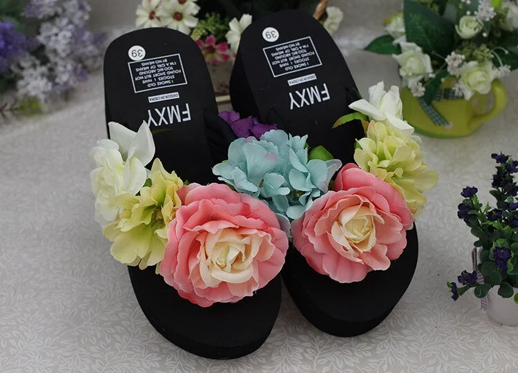 Bohemia Flowers Woman Beach Flip Flops Summer Style Slides Resistant Slippers Platform Shoes Woman Hit Color Wedges Slippers