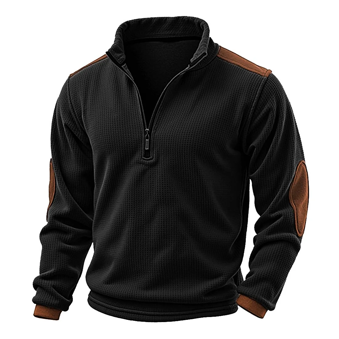 Men's Vintage Black Waffle Knit Elbow Patches Quarter Zip Stand Collar Long Sleeve Sweatshirt