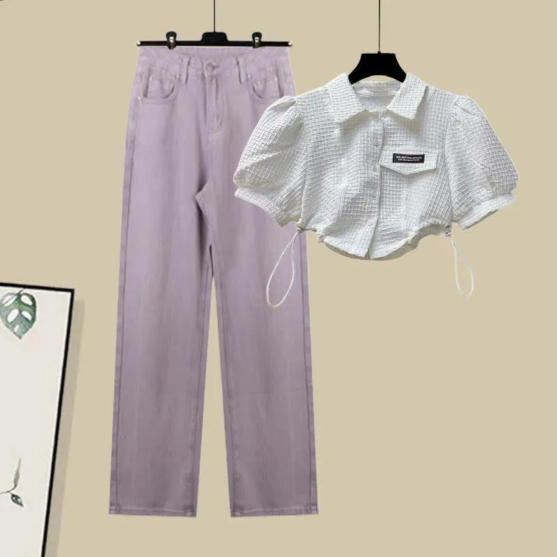 Lapel Puff Seeve Crop T-Shirt Denim Pants Two Pieces Set