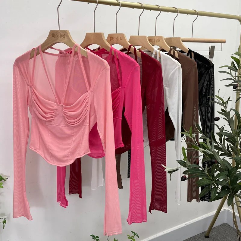 Churchf Sexy Hot Tie Tie With Hanging Neck Long-Sleeved Mesh T-Shirt Repair Short Open Fork Cuff Top 8932