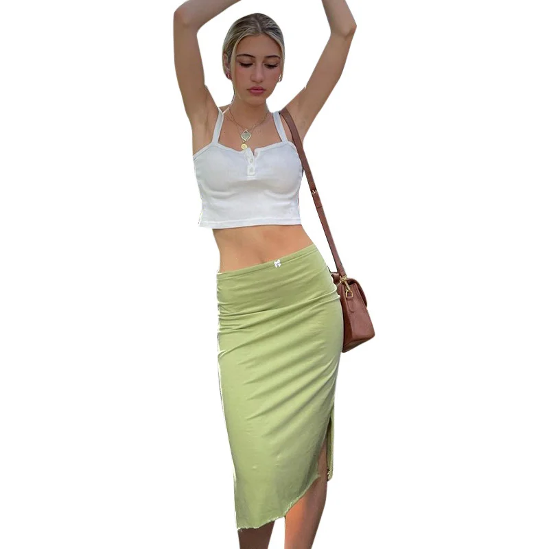 Brownm 2024 Summer New Low-Rise Solid Color Side Open-Fork Wood Ear Slim Slimy And Sexy Ass Half Skirt