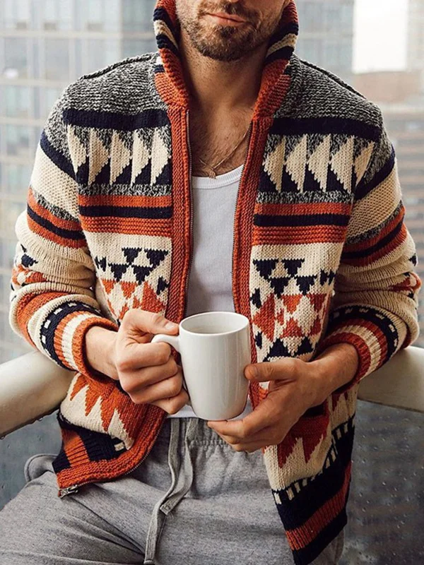 Men's Colorblock Geo Pattern Zip Up Knit Cardigan