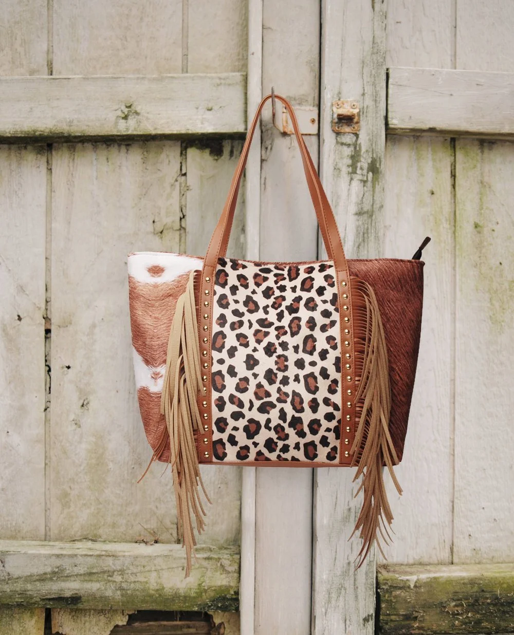 Leopard cow print sunflower sunflower tassel rivet PU super large capacity shoulder bag