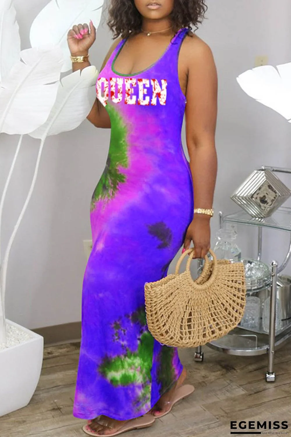 Deep Blue Sexy Casual Letter Print Tie-dye U Neck Vest Dress | EGEMISS