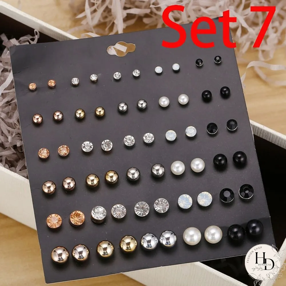 Pairs Flower Womens Earrings Set Pearl Crystal Stud Boho Geometric Tassel For Women