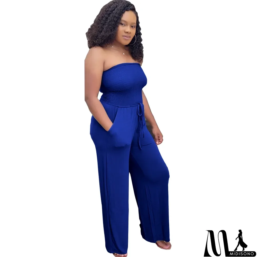 MidiSono - Solid Color Sexy Strapless Loose Jumpsuit