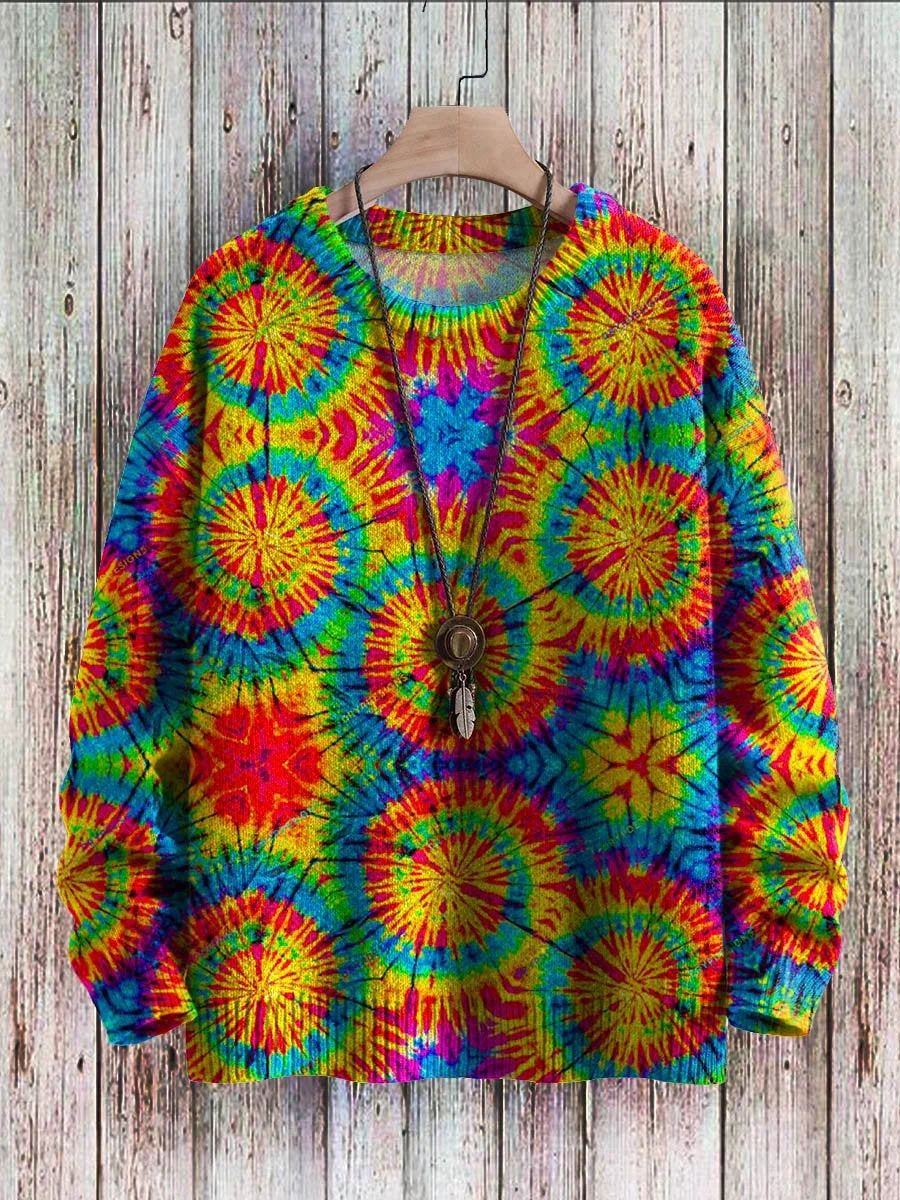 Vintage Multicolored Gradient Pattern Art Print Casual Knit Pullover Sweatshirt