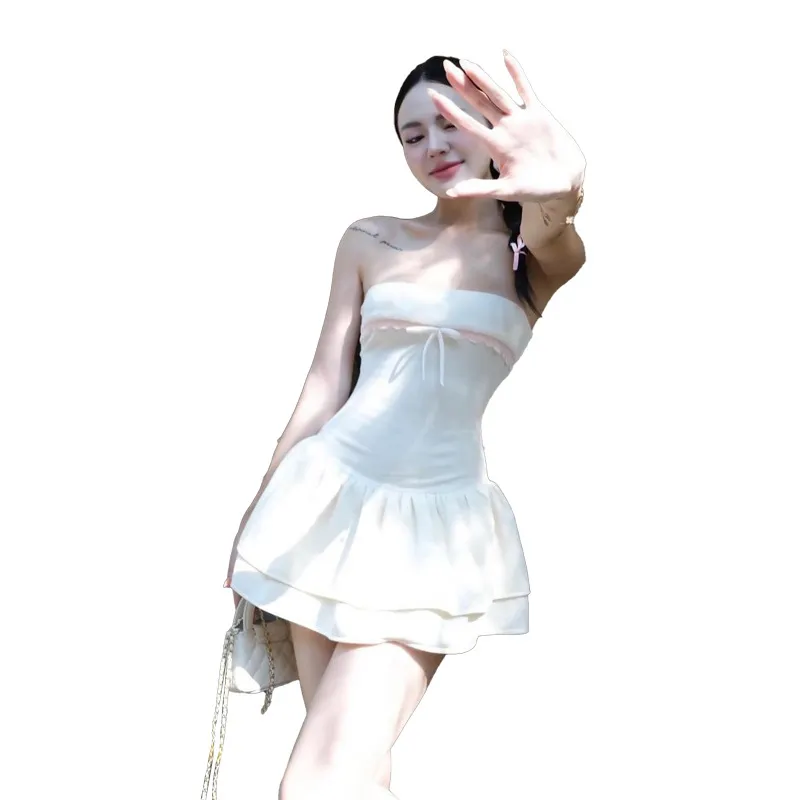 Churchf 2024 Summer New Women's Clothing Match Stitching A Word-Collar Wrapped Chest Lotus Leaf Side Repair Dress