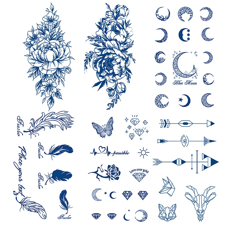 6 Sheets Flowers Moon Star Arrow Semi-Permanent Tattoo Stickers 