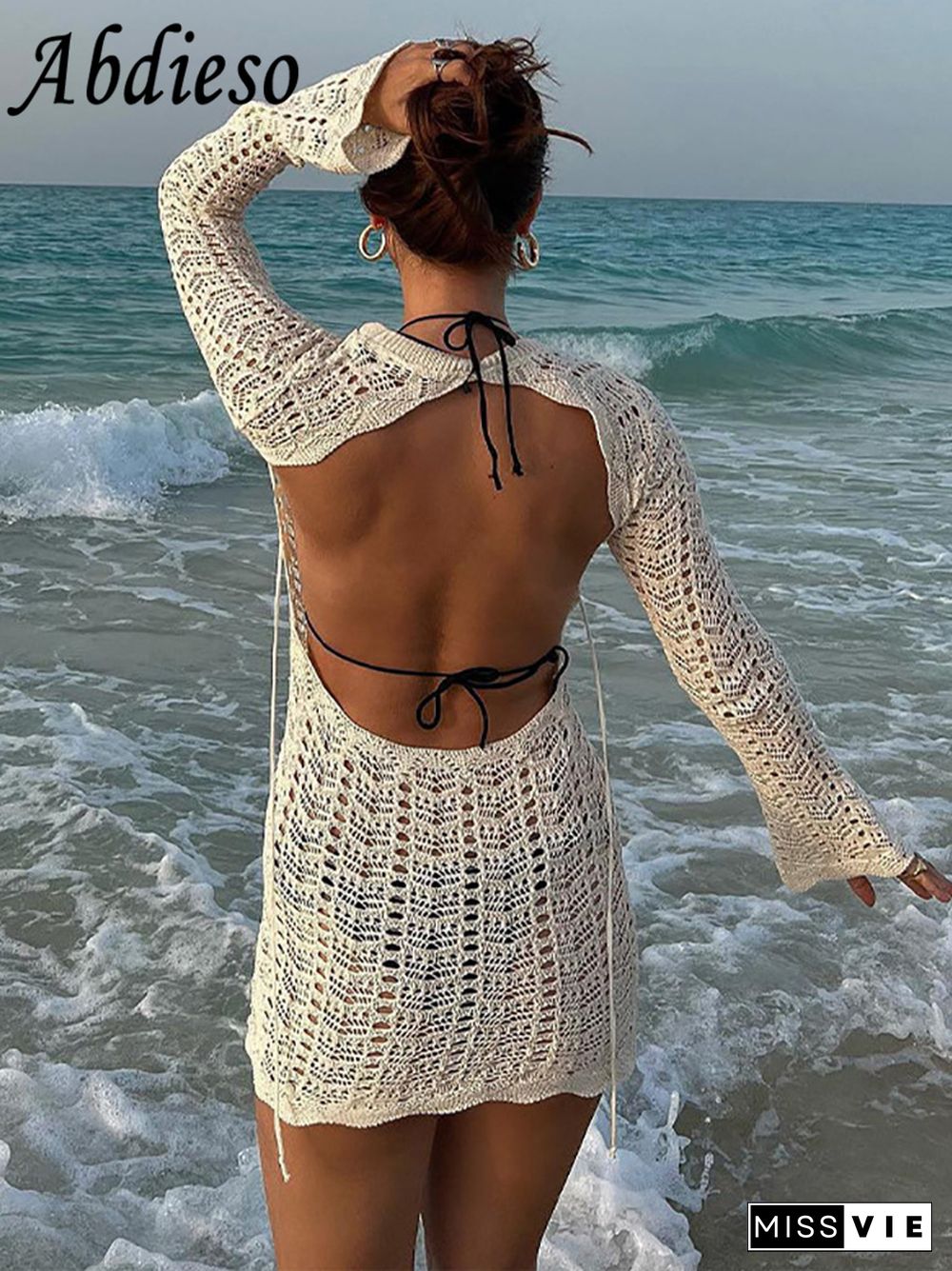 Abdieso Mini Backless Summer Knit Bodycon Dress Women Hollow Out Sexy Long Sleeve Bandage Beach Party Dresses Casual Y2K