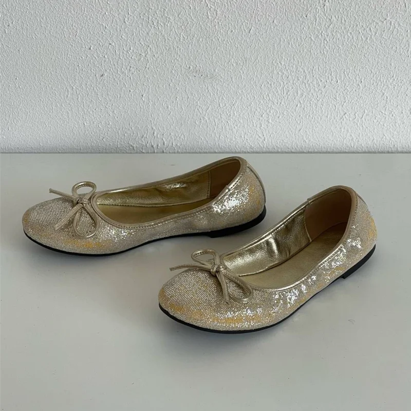 Abebey-Gold Ballet Flats Summer Soft Comfortable Shallow Mary Jane Round Toe Bow Ballet Shoes Little Blue Shoes