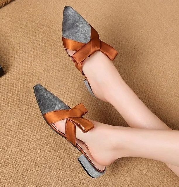 Women Pointed Toe Sandals Slippers Butterfly-Knot Low Square Heel Shoes