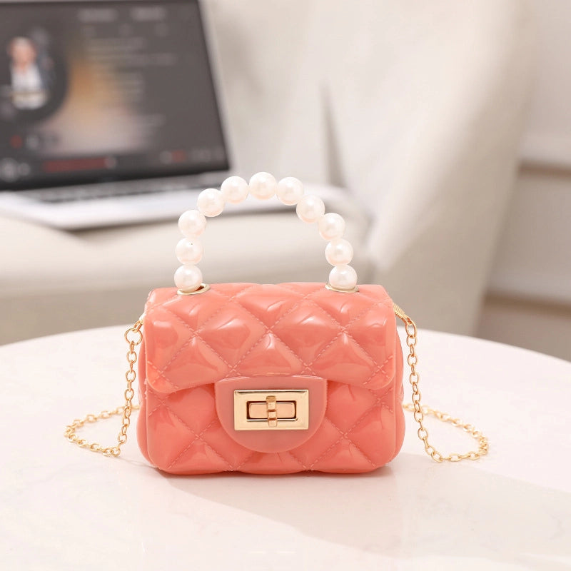 Women’s PVC Solid Color Cute Beading Pearls Square Lock Clasp Crossbody Bag