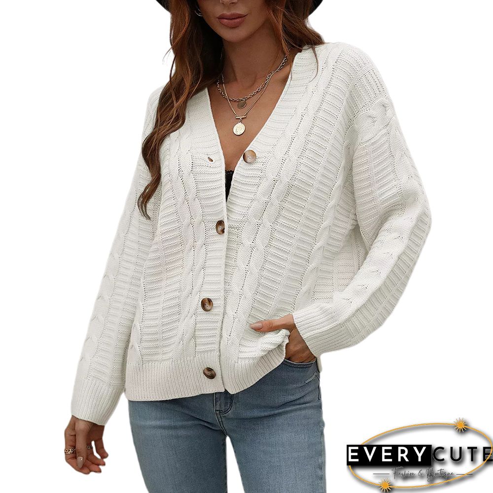 White Button Loose Cable Knitted Cardigan