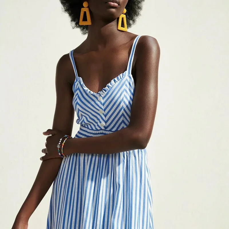 Za Summer Women's Dresses Camisole Striped High Waist Sleeveless Vintage Female V neck Button Vestido Mujer 2021 Casual Backless