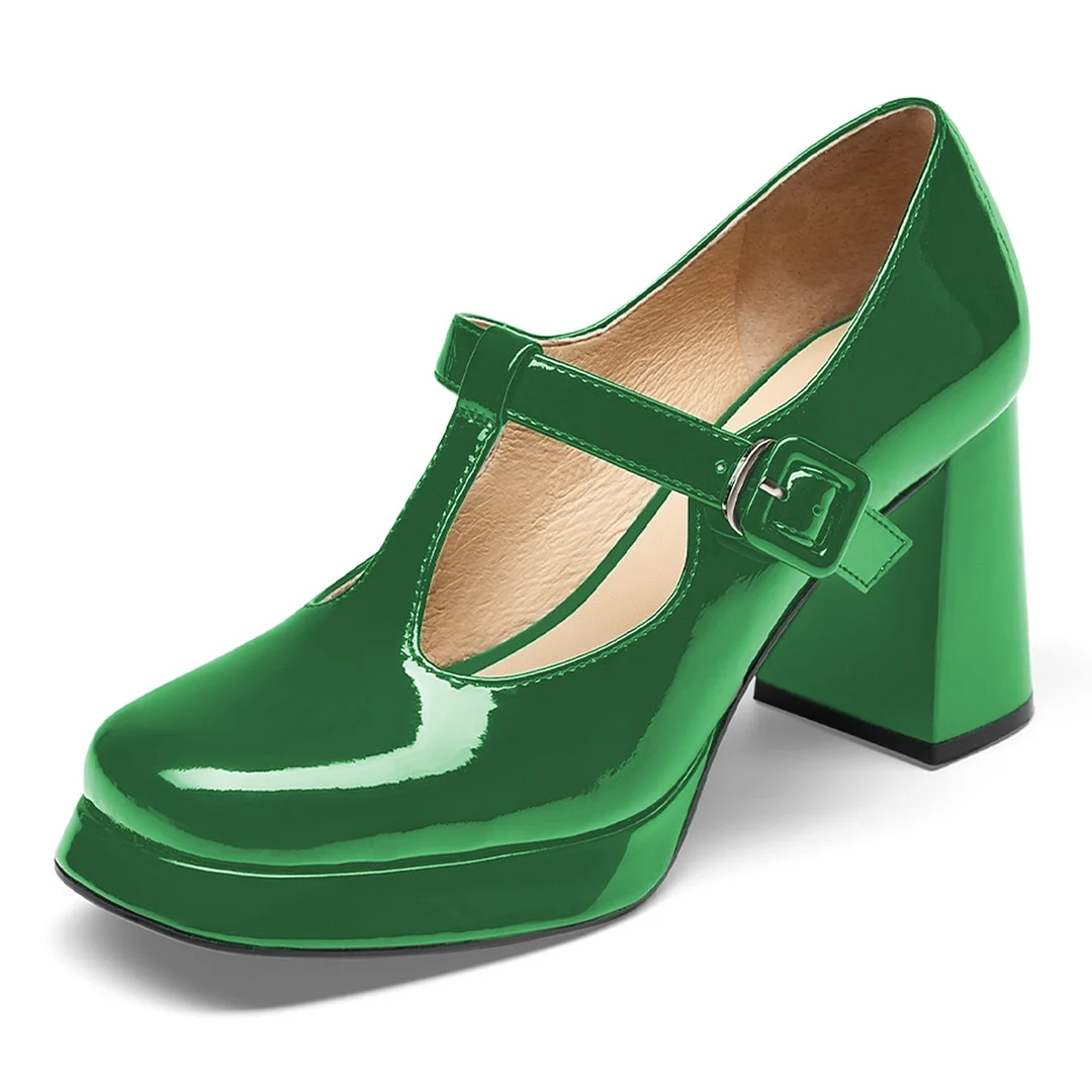 Green Patent Leather Square Toe Block Heel Platform Mary Janes