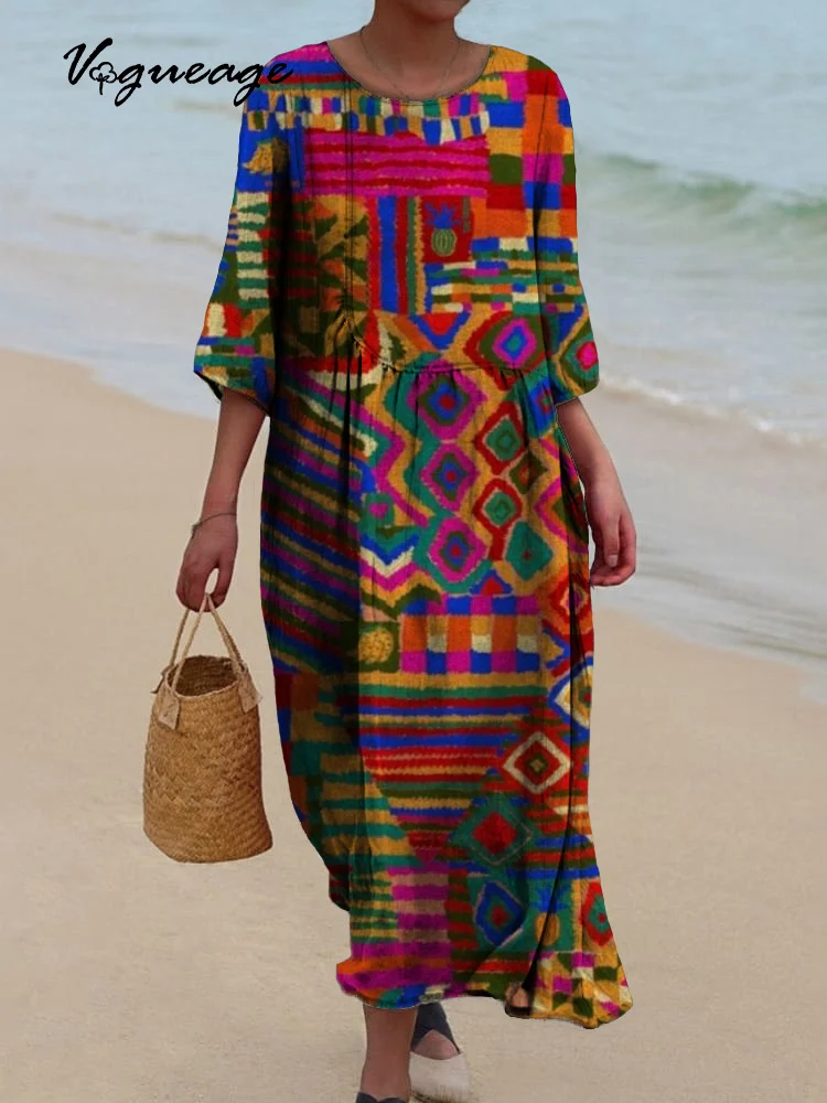 Fashionable Colorful Line Blocks Printed Women's Casual Cotton And Linen Dress