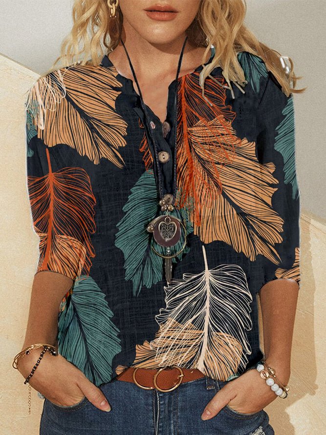Ladies Casual V-Neck 3/4 Sleeve Sleeve Printed T-Shirt
