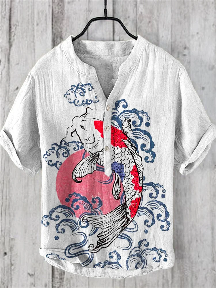 Waves & Fish Japanese Art Linen V-Neck Shirt
