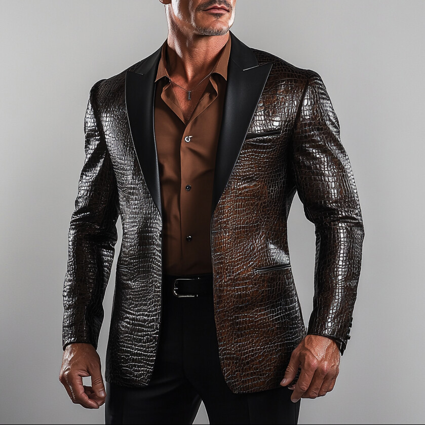 Men's Vintage PU Leather Alligator Pattern Peak Lapel Blazer