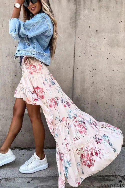 Printed Flower Tuxedo Skirt