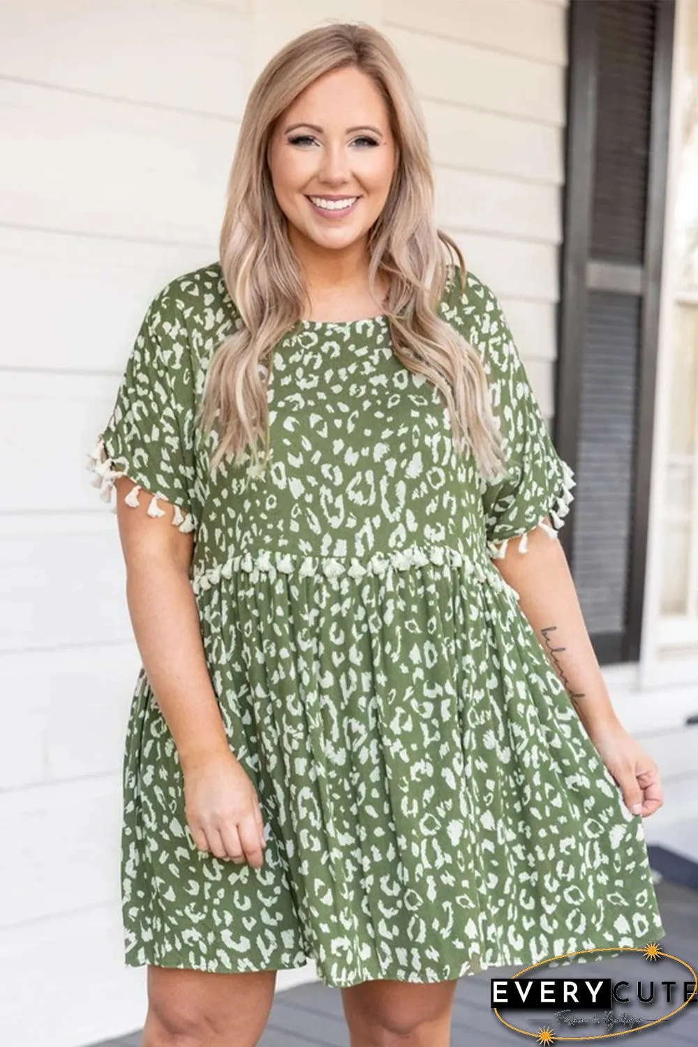 Green Plus Size Leopard Tassel Dress