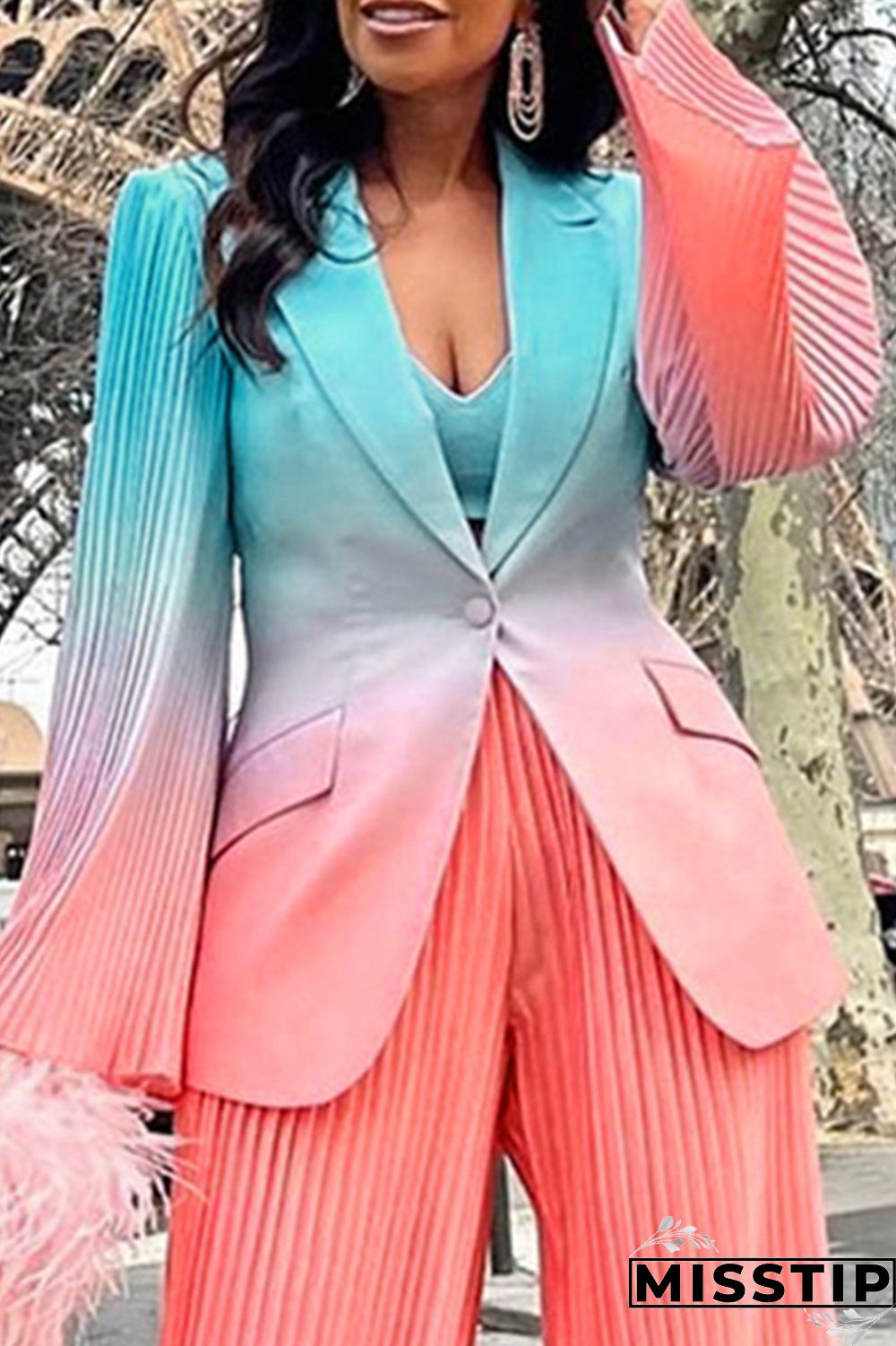 Blue Fashion Casual Gradual Change Print Patchwork Turndown Collar Outerwear