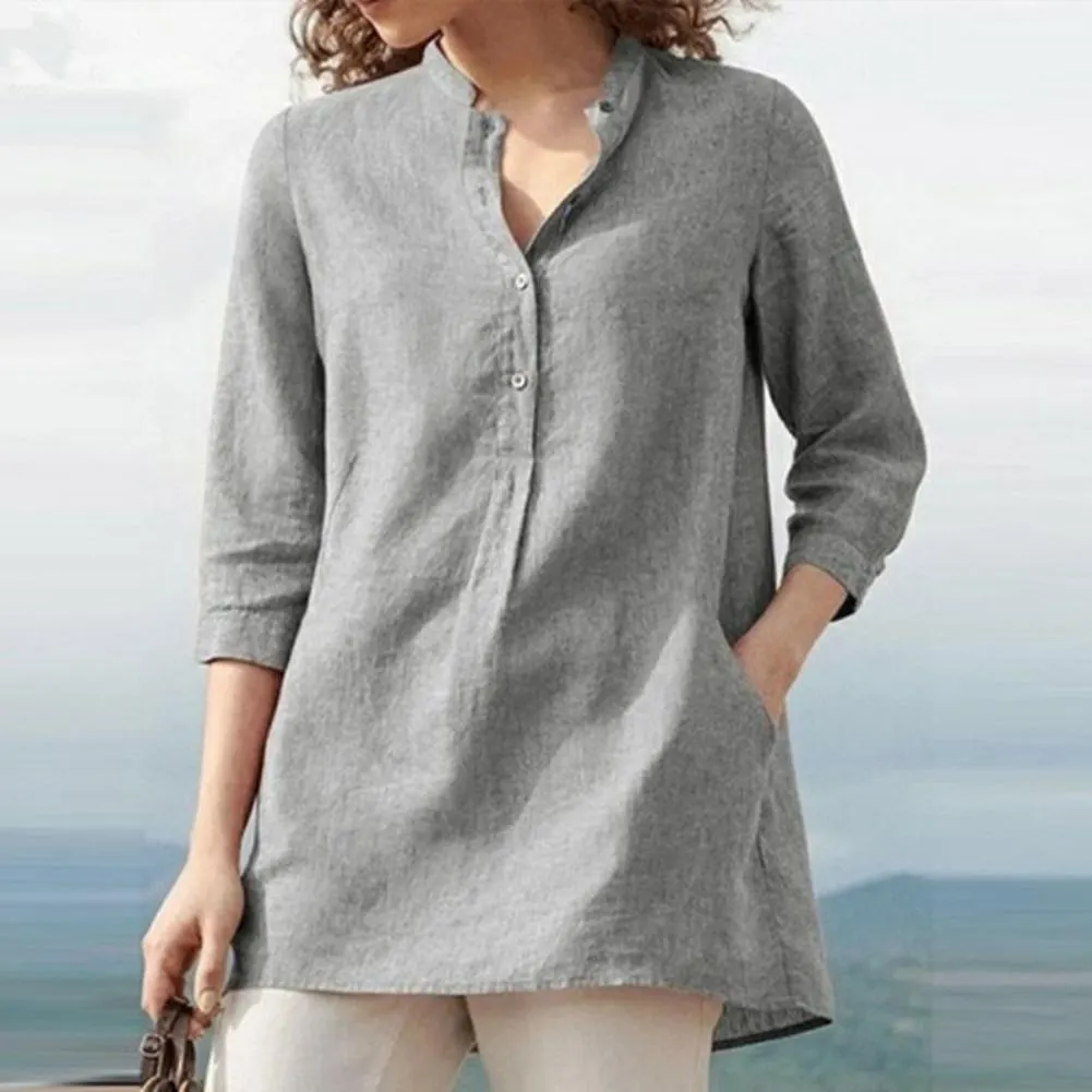 Casual Women Solid Color 3/4 Sleeve Pockets Buttons Cotton Linen Plus Size Shirt Solid color easy to pair with variety of pants