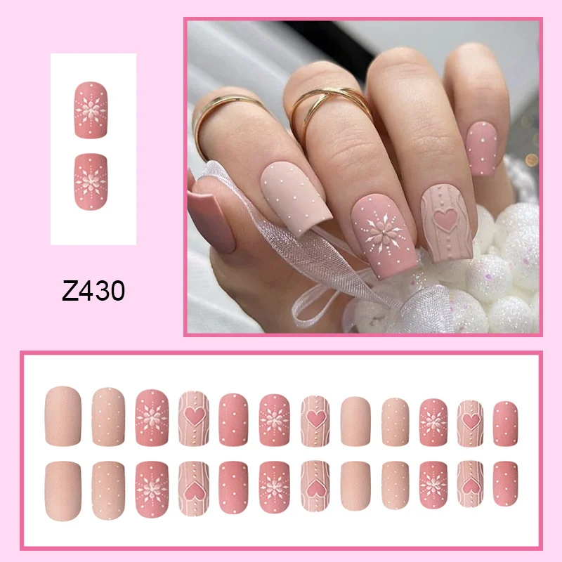 Churchf Pink Sweet Sister French Frosted Texture Three-Dimensional Snowflake Love Christmas Fake Nails Finished Wear A 24 Pieces