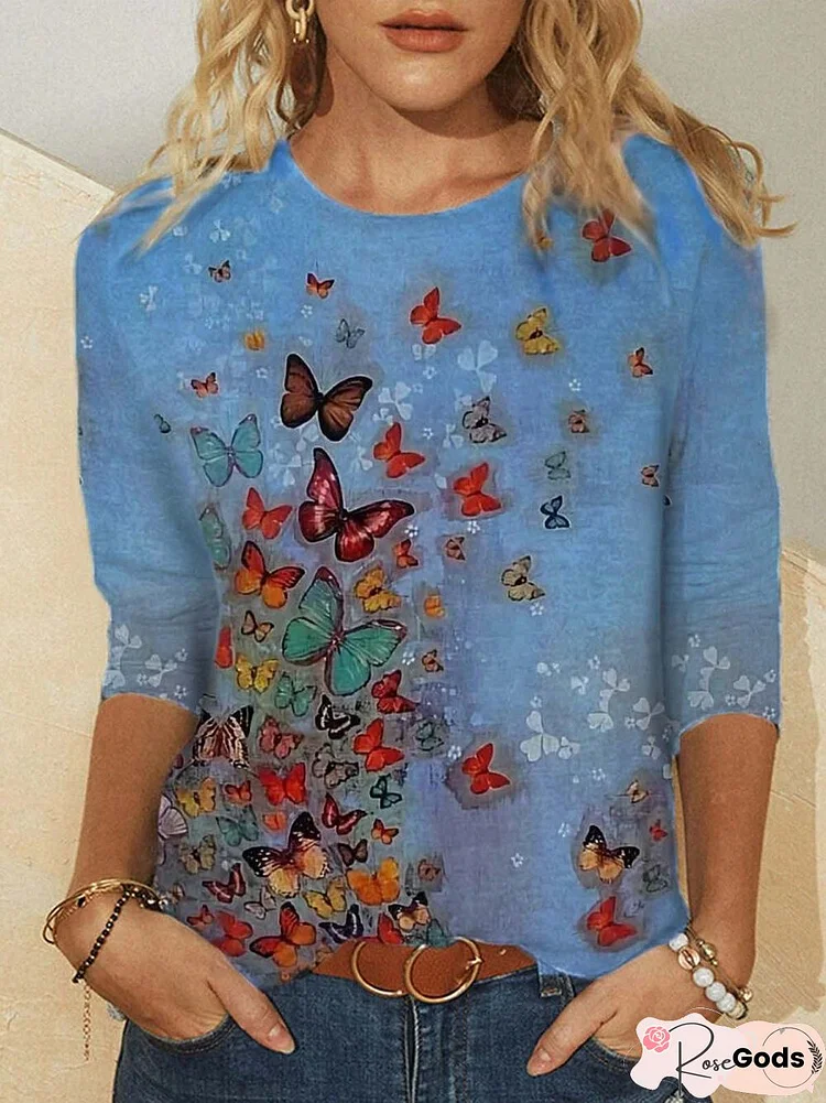 Crew Neck Shift Long Sleeve Butterfly Print Tops