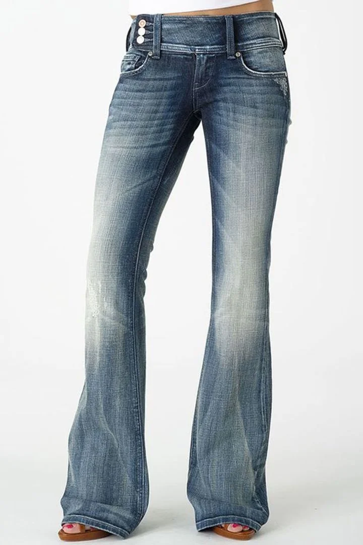 Vintage Button Side Design Mid Waist Flare Jeans