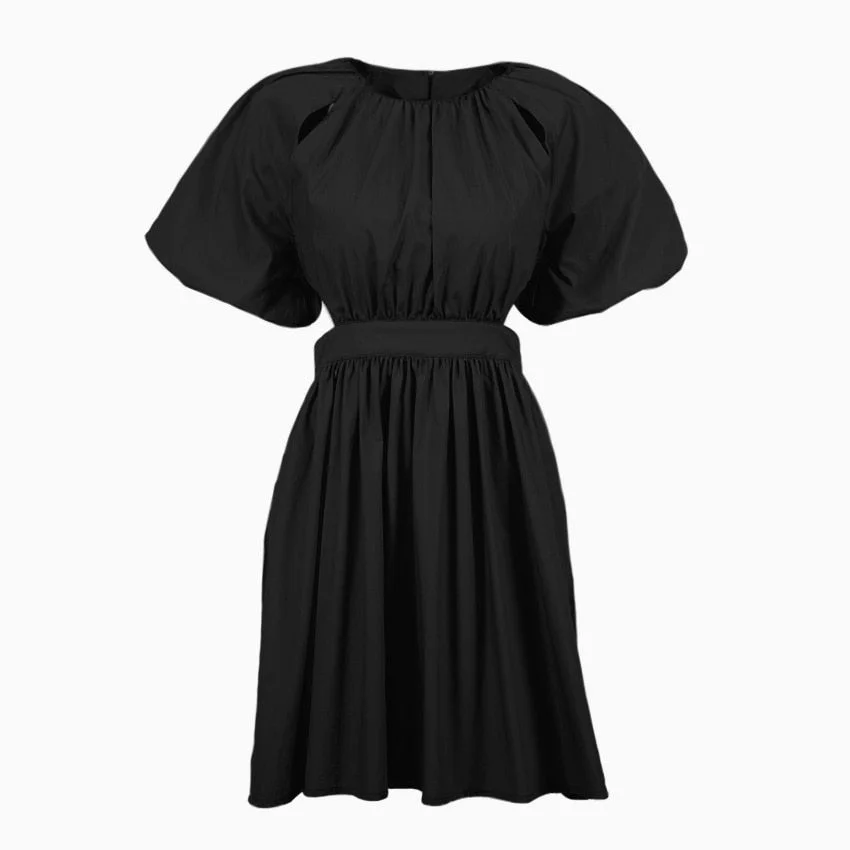 Summer New Solid Color Women&#39;s Short Skirt Round Neck Puff Sleeve Temperament Hollow Cotton Short-sleeved Dress Dresses Women