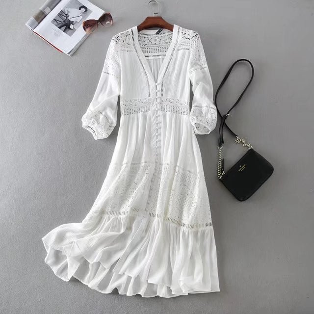 Ordifree 2022 Summer Women Long Tunic Beach Dress Sundress Long Sleeve White Lace Sexy Boho Maxi Dress Holiday Clothes