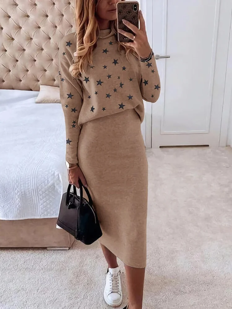 Women Elegant Two Piece Set Skirts Sets Autumn Casual O Neck Printing Long-sleeved Pullover Sweatshirt and Bodycon Skirt Outfits