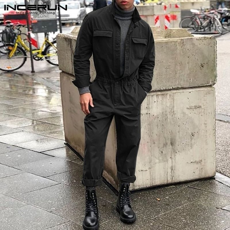 Stylish Men Jumpsuit Long Sleeve Solid Pockets Button Cargo Overalls Streetwear Elastic Waist Chic Mens Rompers Pants INCERUN