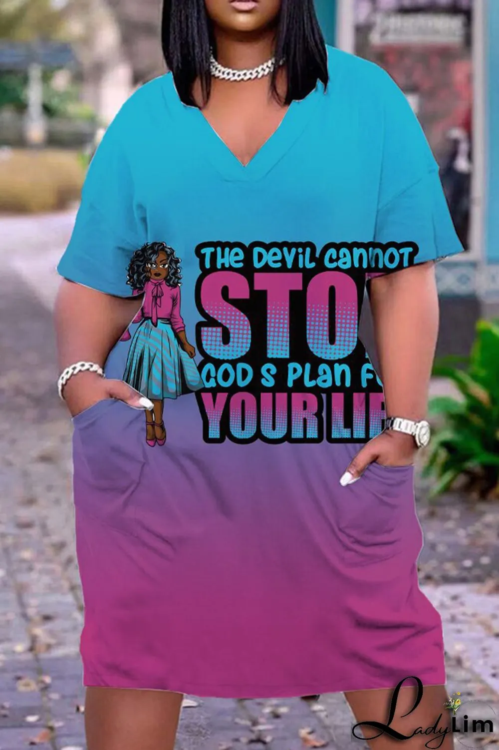 Orange Green Fashion Casual Print Basic V Neck Short Sleeve Dress