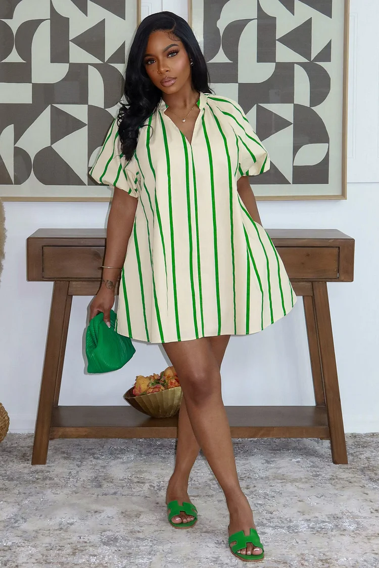Loragal V Neck Puff Sleeve Striped Loose Fit Casual Mini Dresses-Green Green-S